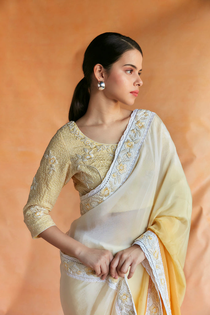 Yellow and white ombre embroidered saree with embroidered blouse