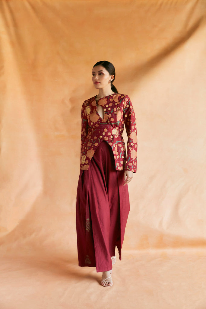 Deep red chintz printed jacket with pants