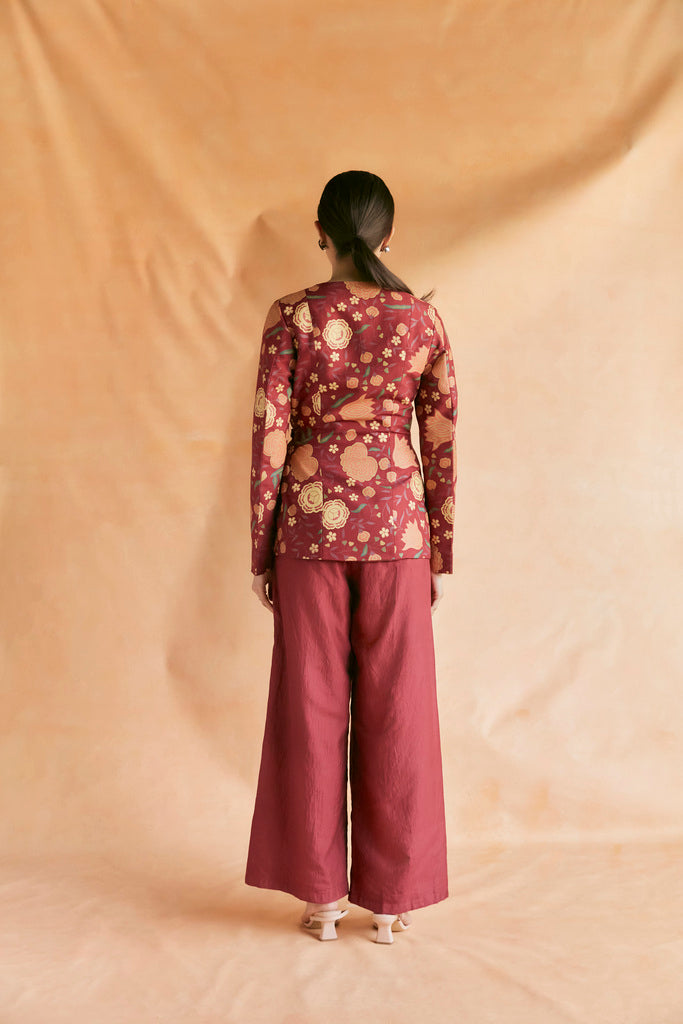 Deep red chintz printed jacket with pants