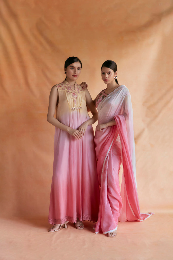 Pink and white ombre saree with embroidered blouse