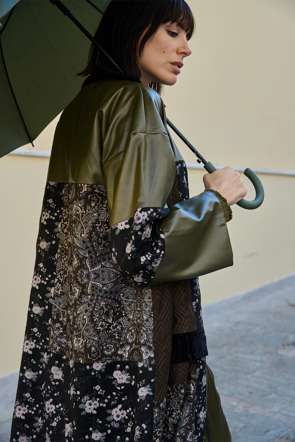 Olive & Black Printed Embroidered Trench
