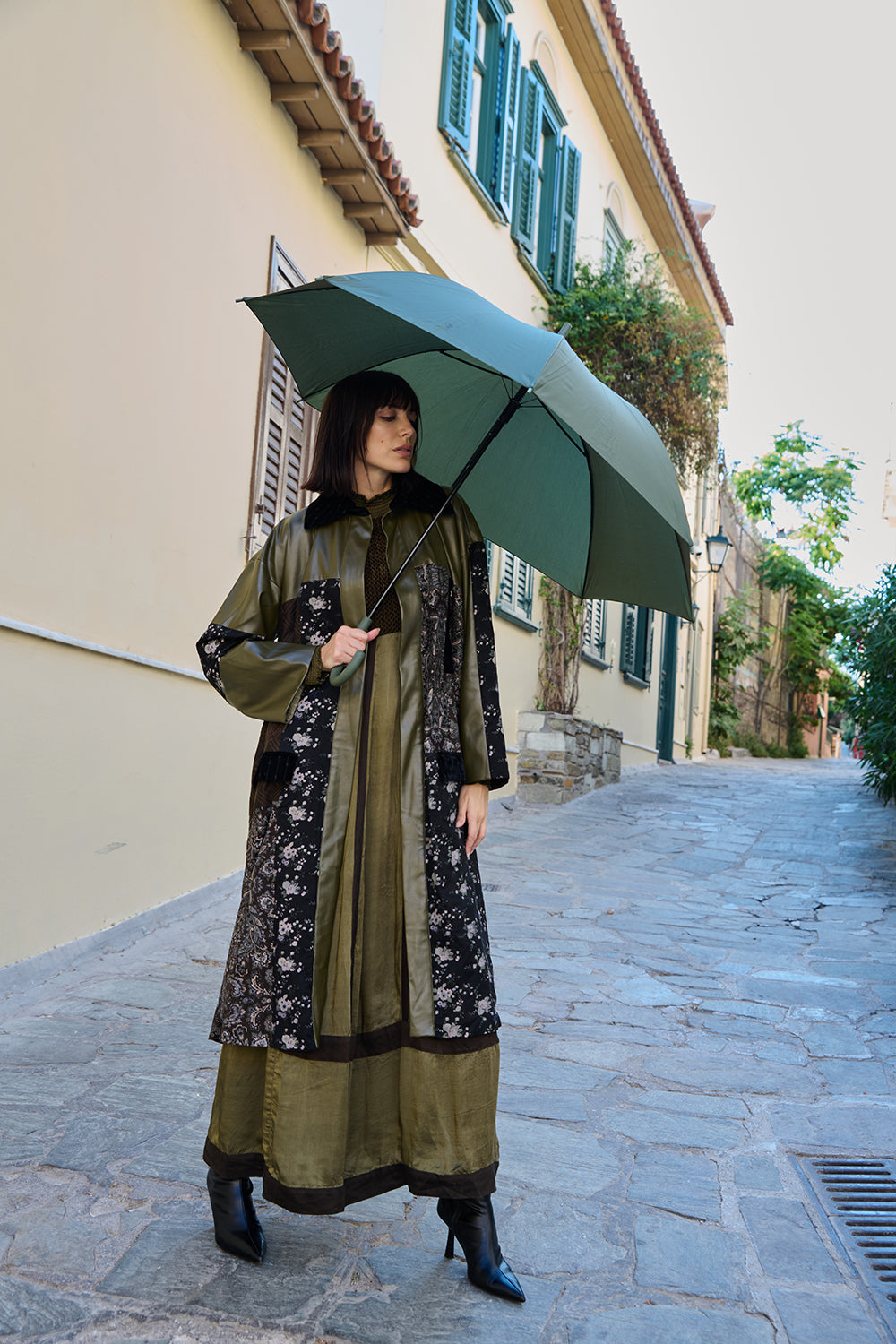 Olive & Black Printed Embroidered Trench