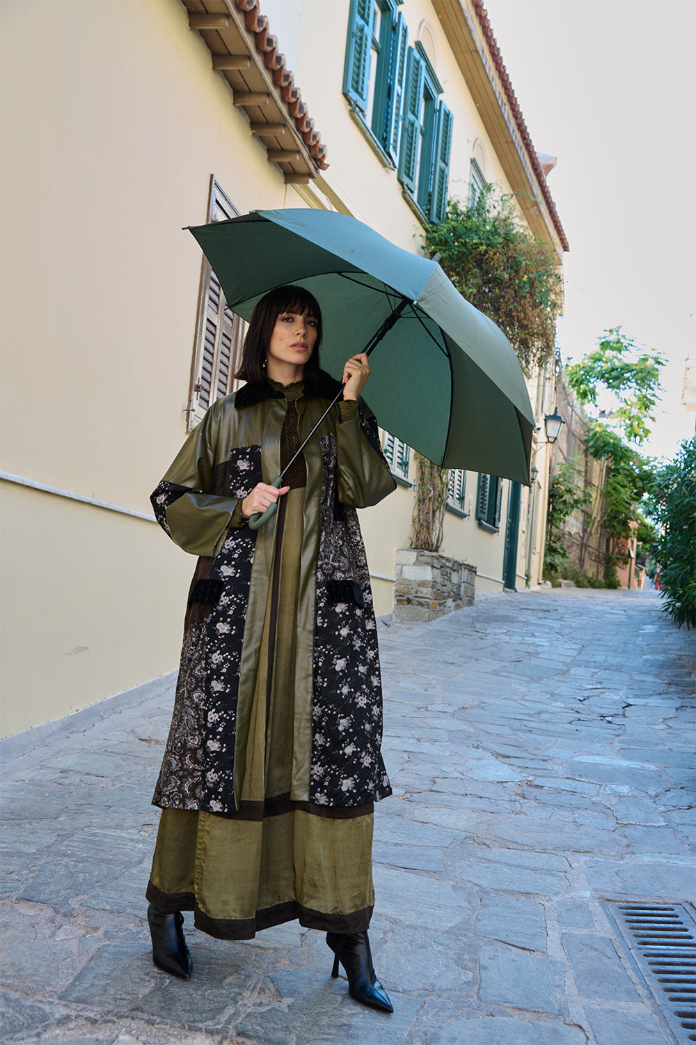 Olive & Black Printed Embroidered Trench