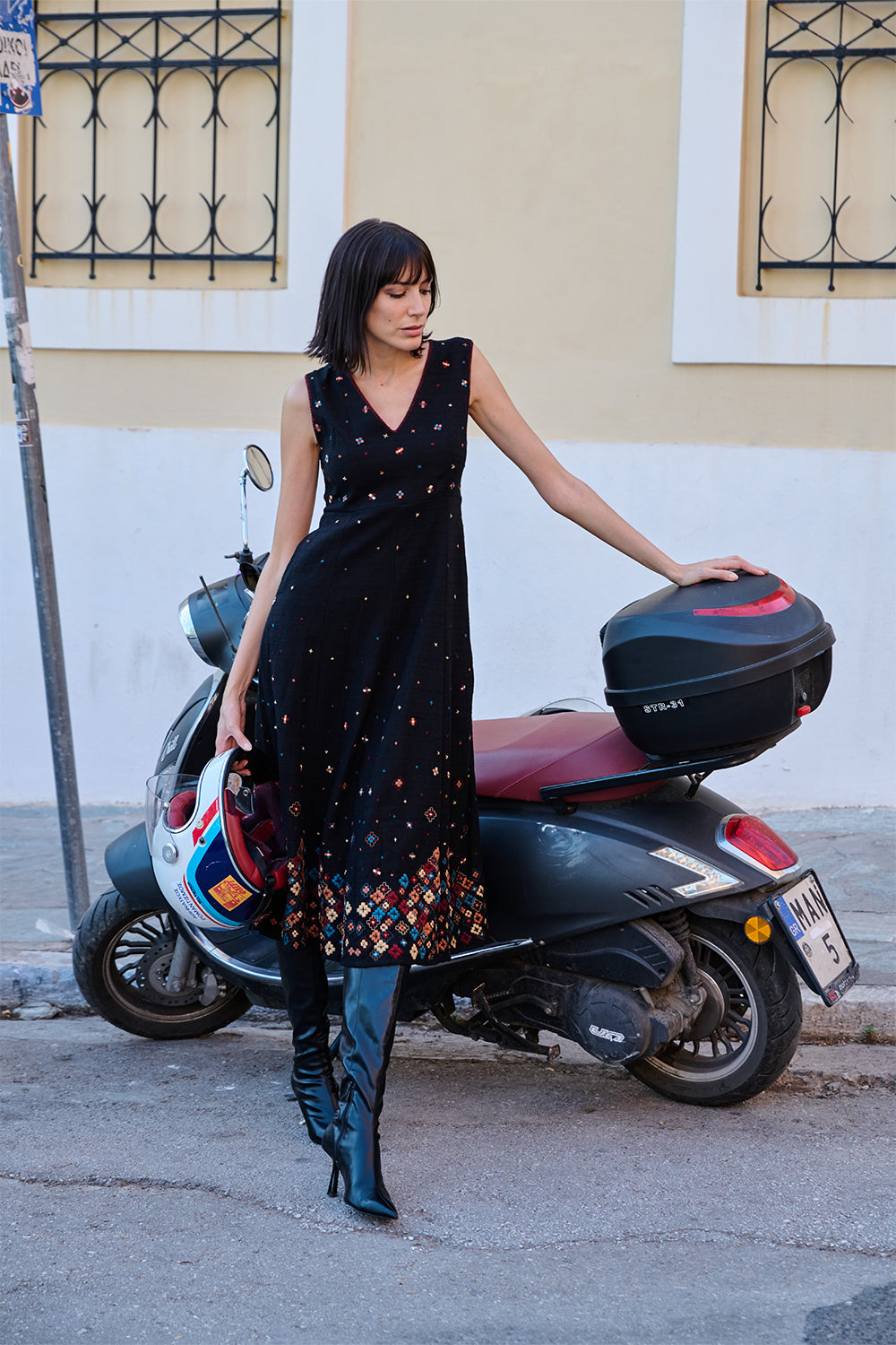 Black Textured X-Stitch Midi Dress