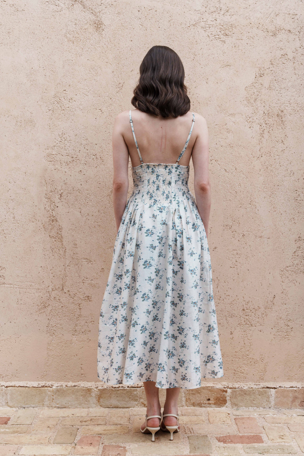 Ecru chanderi floral printed and pleated midi dress