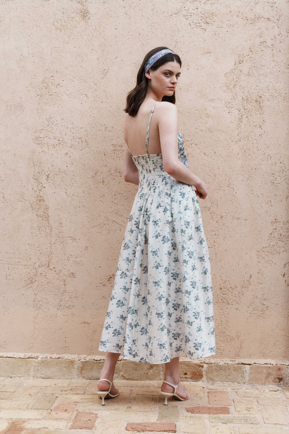 Ecru chanderi floral printed and pleated midi dress