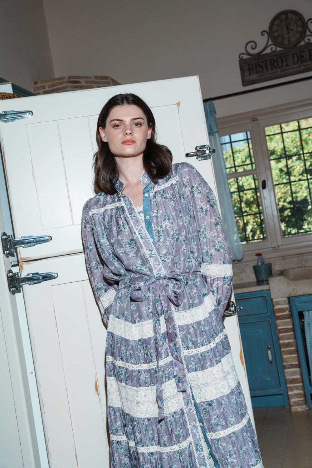 Lilac floral printed with lace insert front open dress with tie up belt