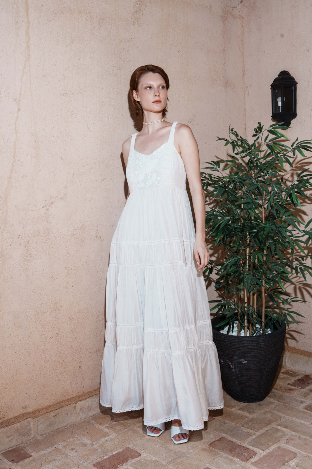 Ecru mul tiered dress with floral embroidery bodice