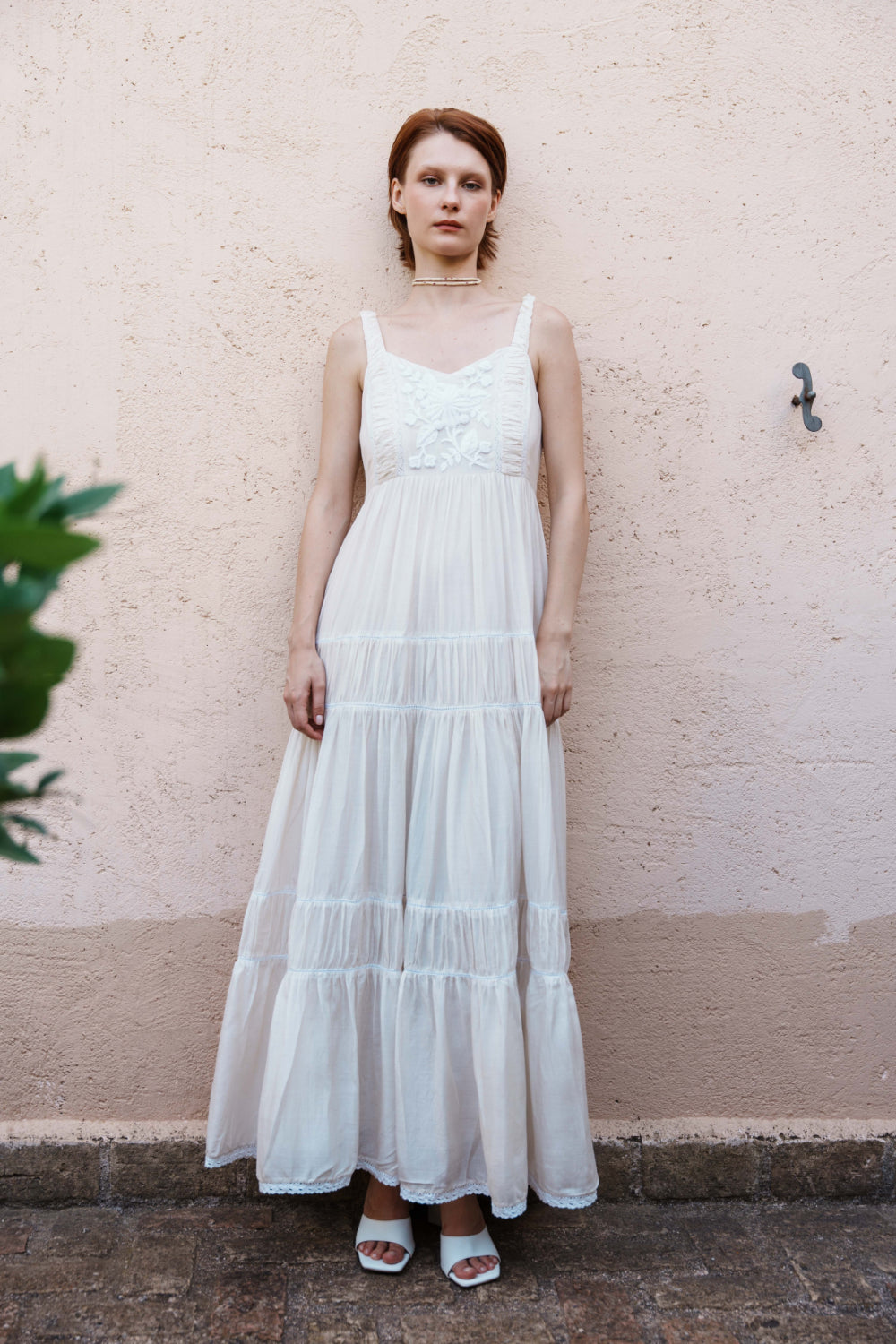Ecru mul tiered dress with floral embroidery bodice