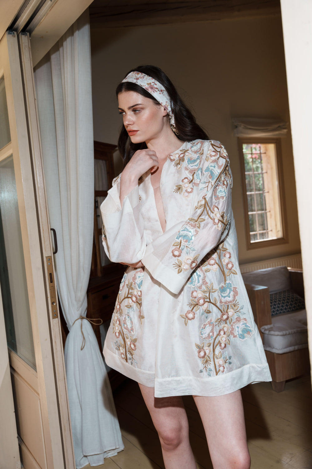 Ecru chanderi mini dress with embroidered applique dress