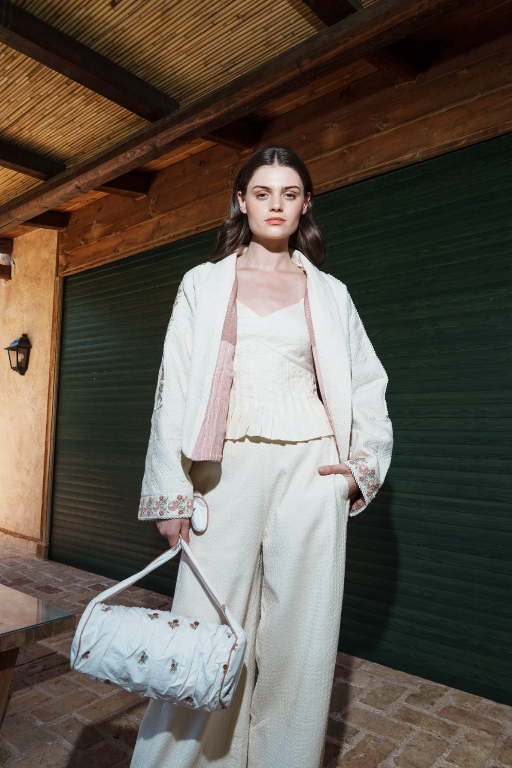 Ecru cotton rose lace quilted tree of life jacket with embroidered borders