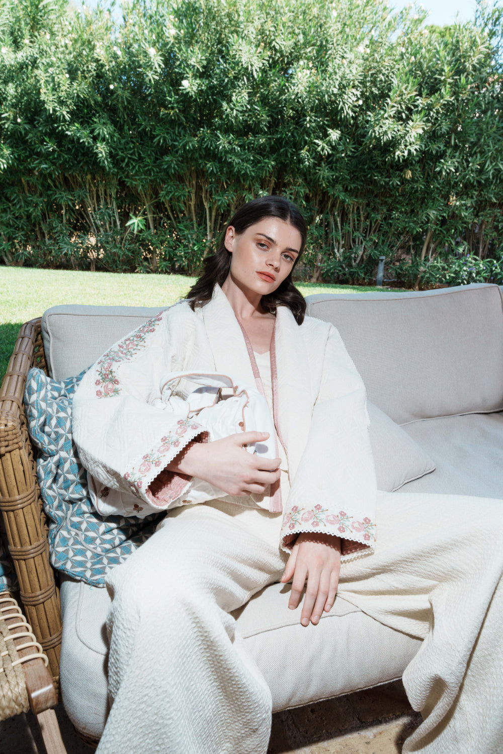 Ecru cotton rose lace quilted tree of life jacket with embroidered borders