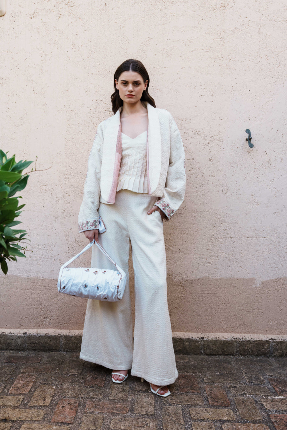 Ecru cotton rose lace quilted tree of life jacket with embroidered borders