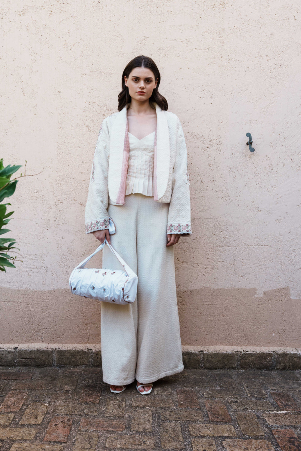 Ecru cotton rose lace quilted tree of life jacket with embroidered borders