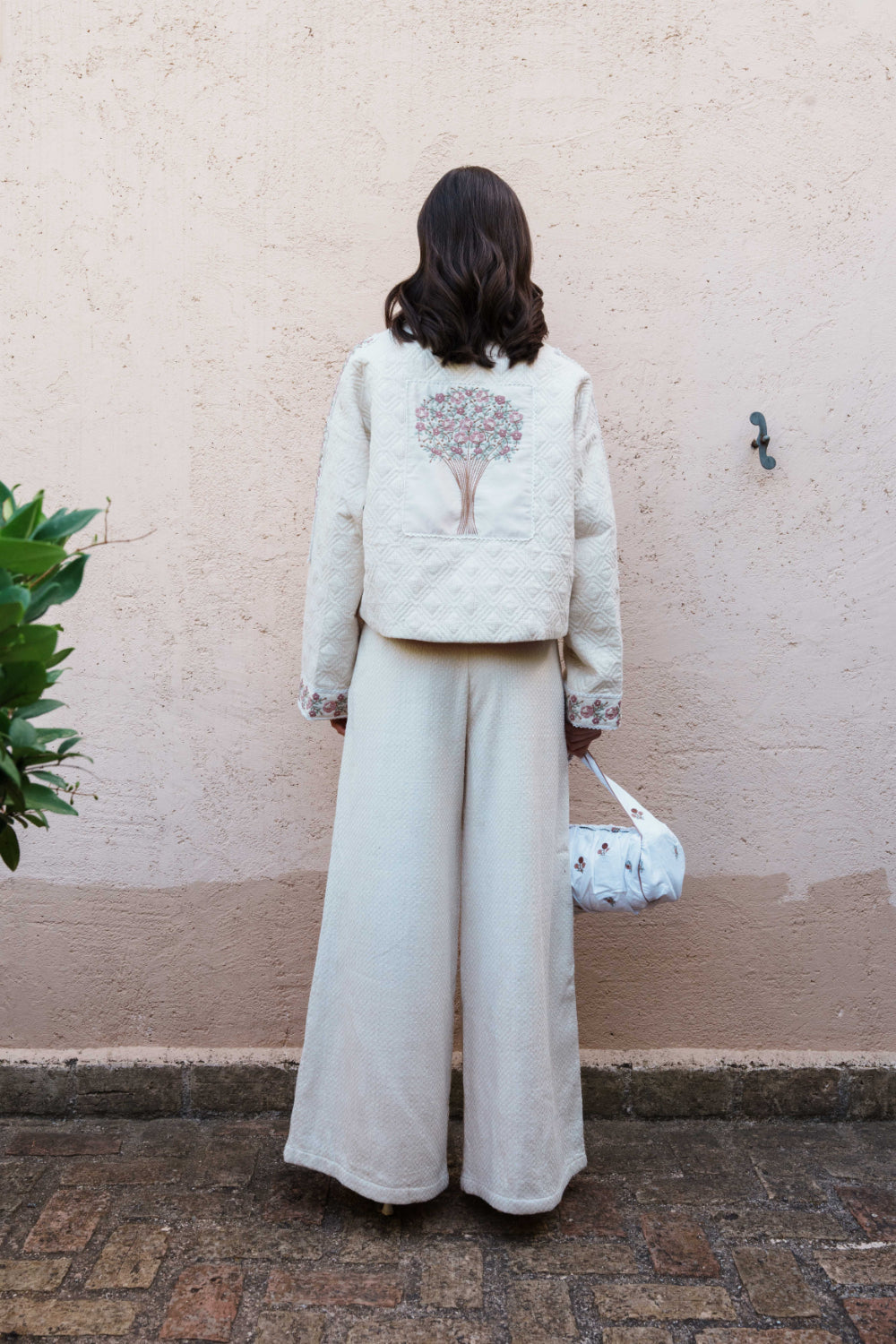 Ecru cotton rose lace quilted tree of life jacket with embroidered borders