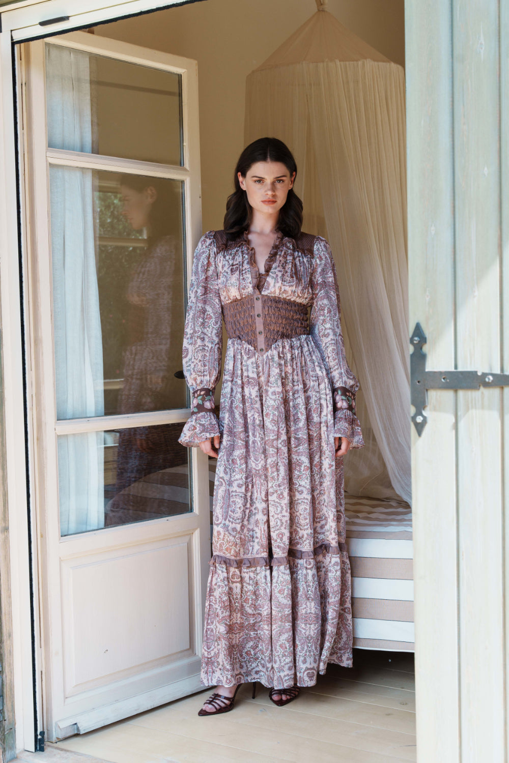 Onion pink paisley printed maxi with smoking details