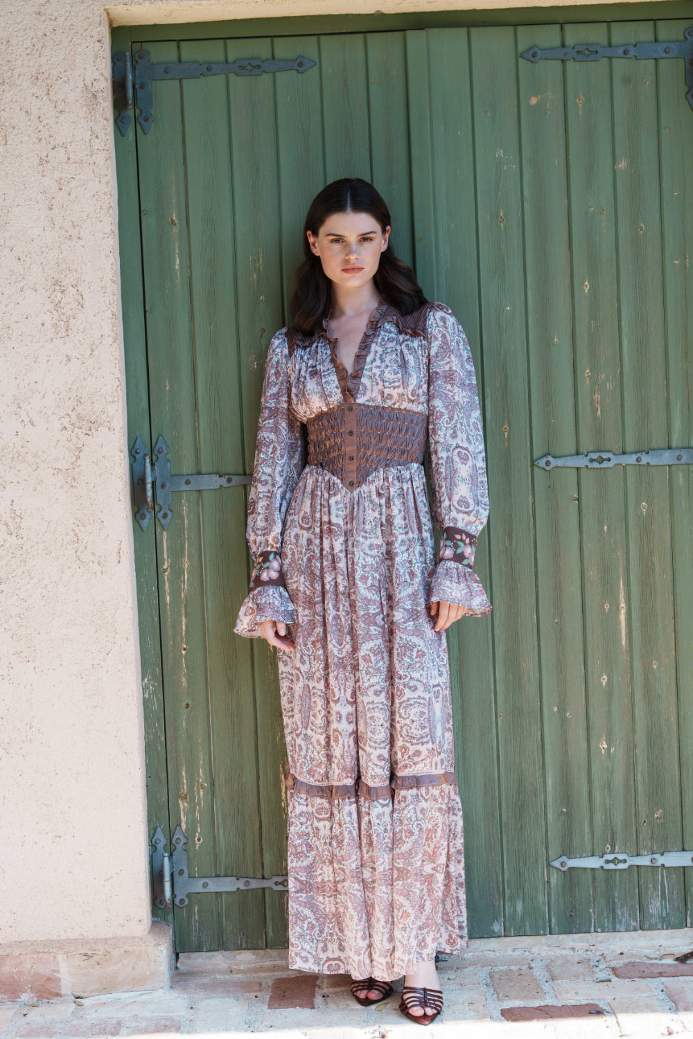 Onion pink paisley printed maxi with smoking details