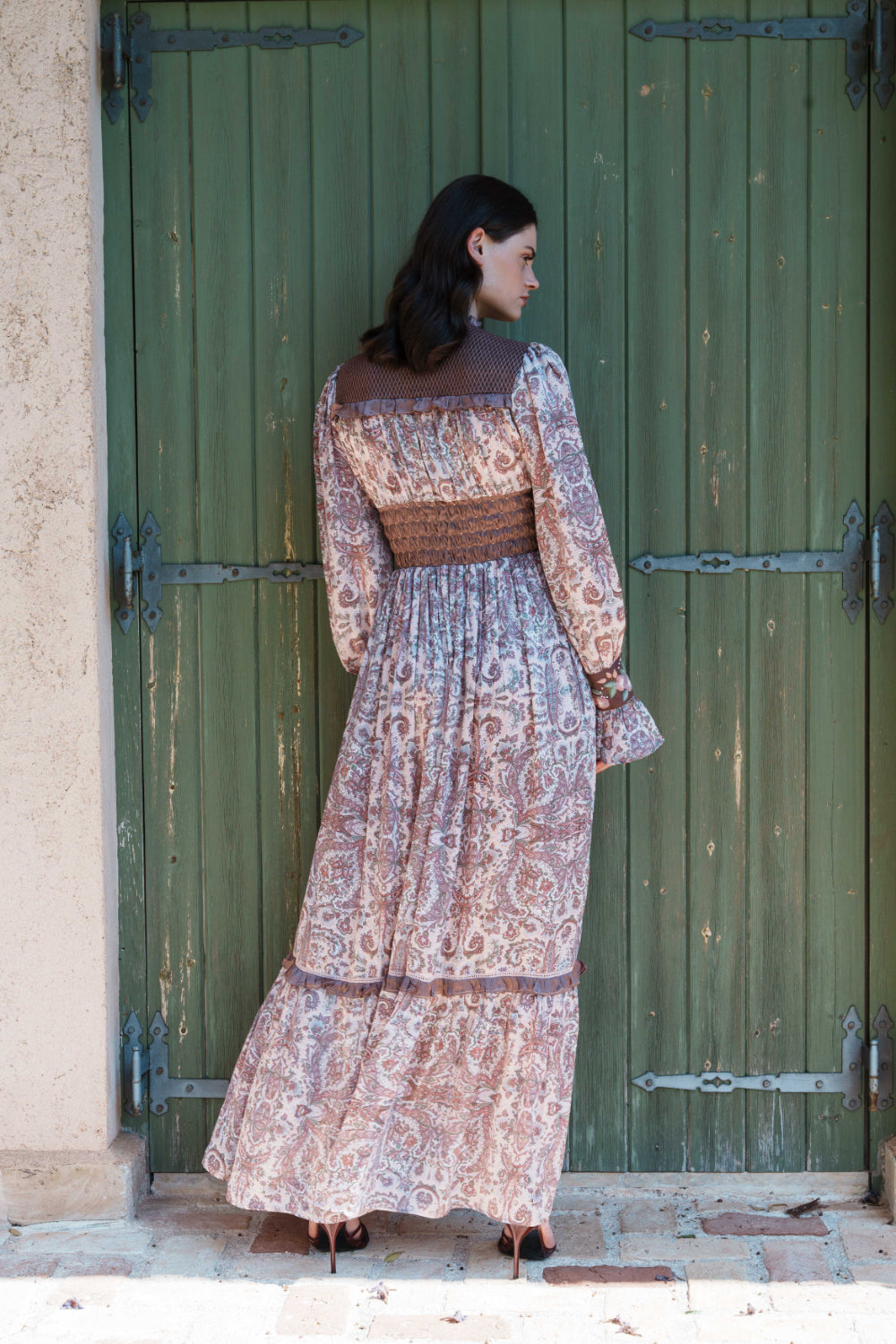 Onion pink paisley printed maxi with smoking details