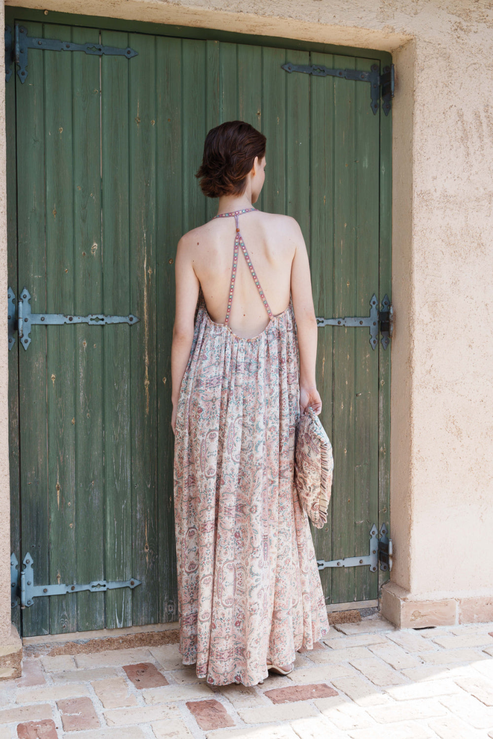 Beige satin paisley printed halter neck maxi with mirror embroidery