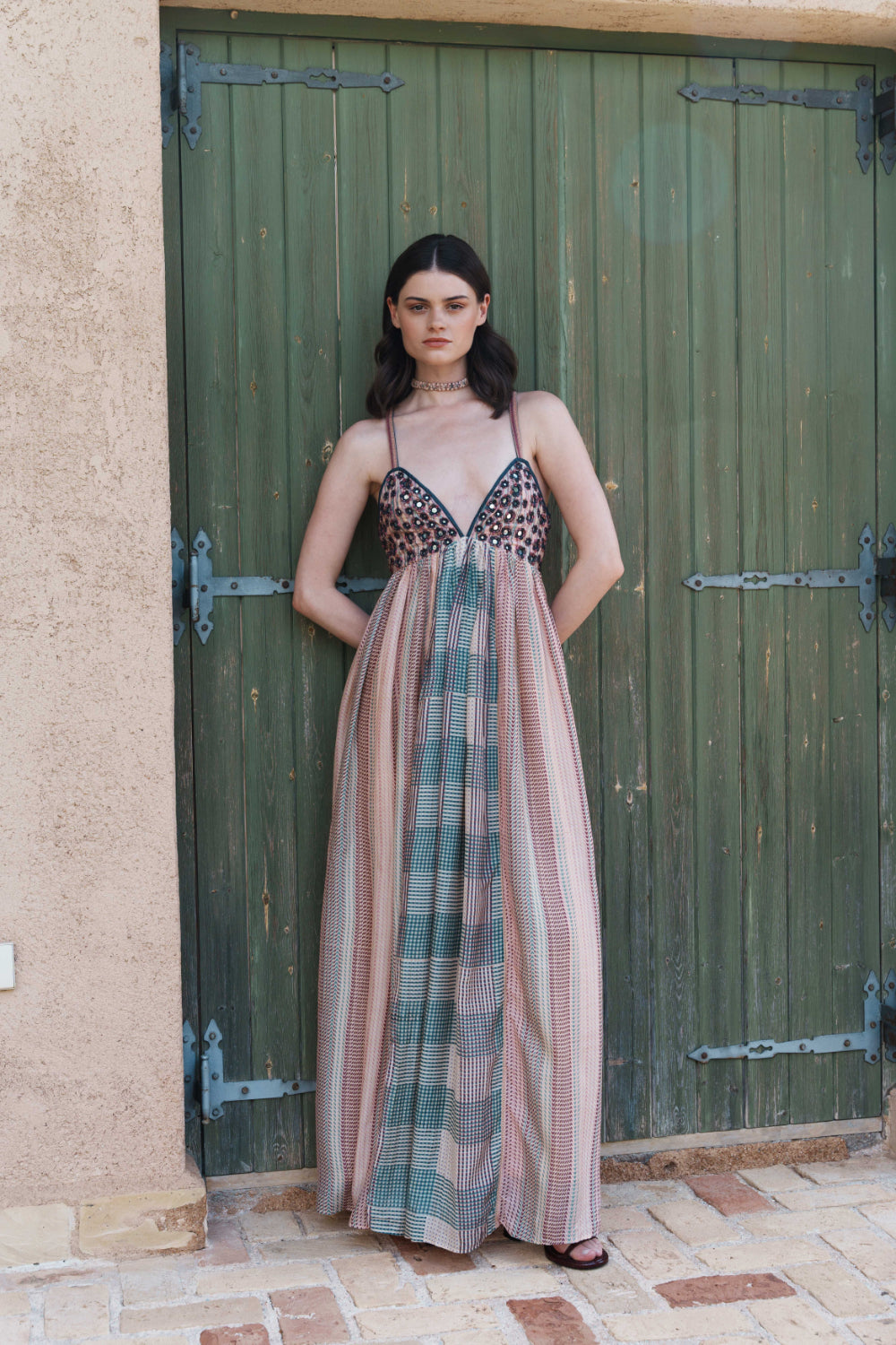 Beige multi printed maxi with mirror embroidered bodice