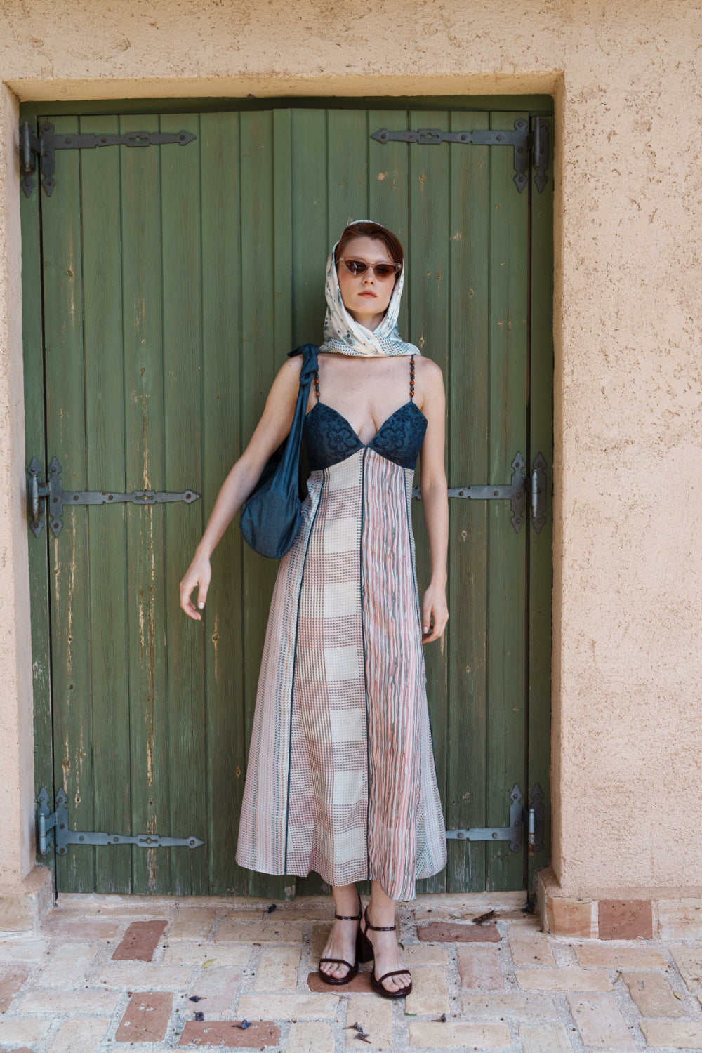 Blue multi printed midi with schfflie work denim bodice