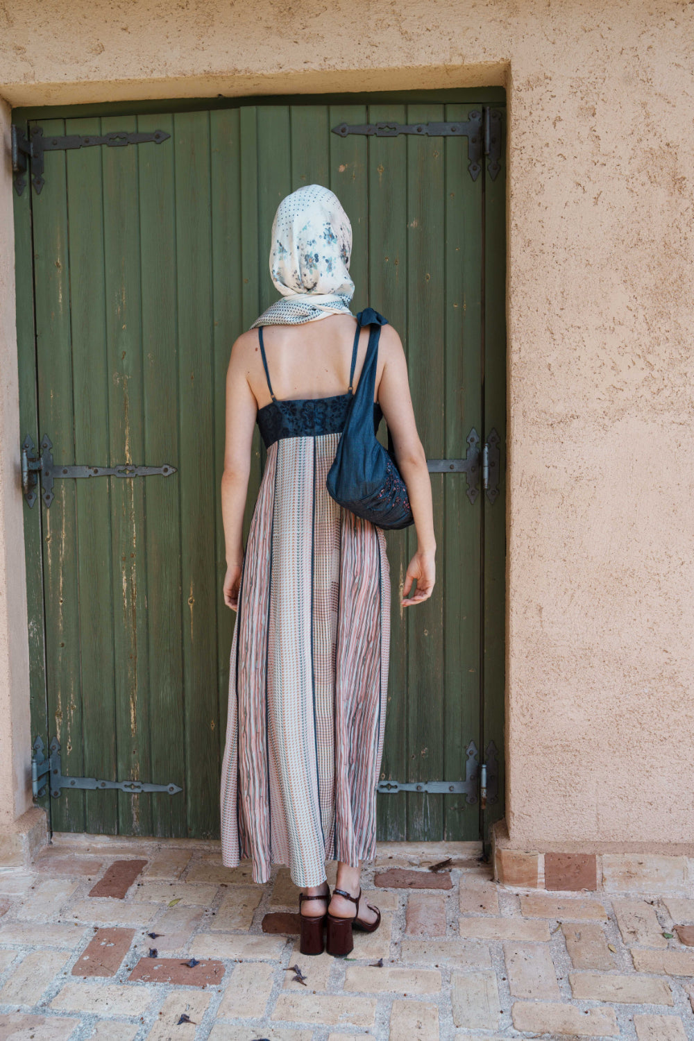 Blue multi printed midi with schfflie work denim bodice