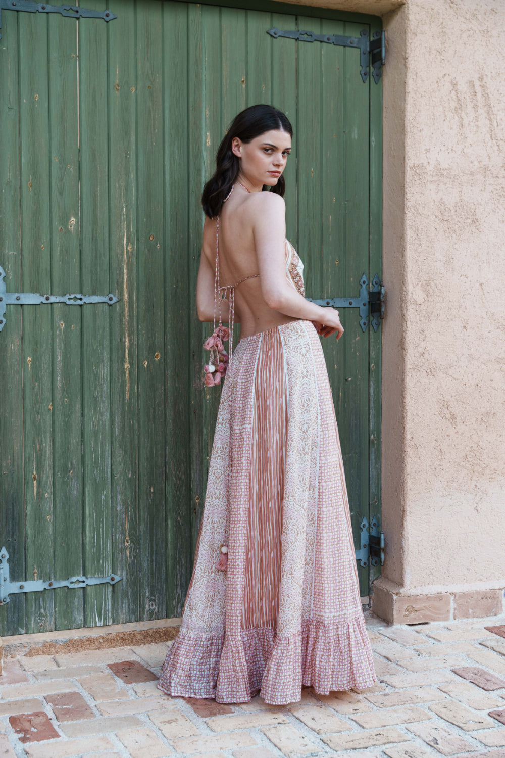 Salmon halter neck multi printed maxi with embroidered bodice