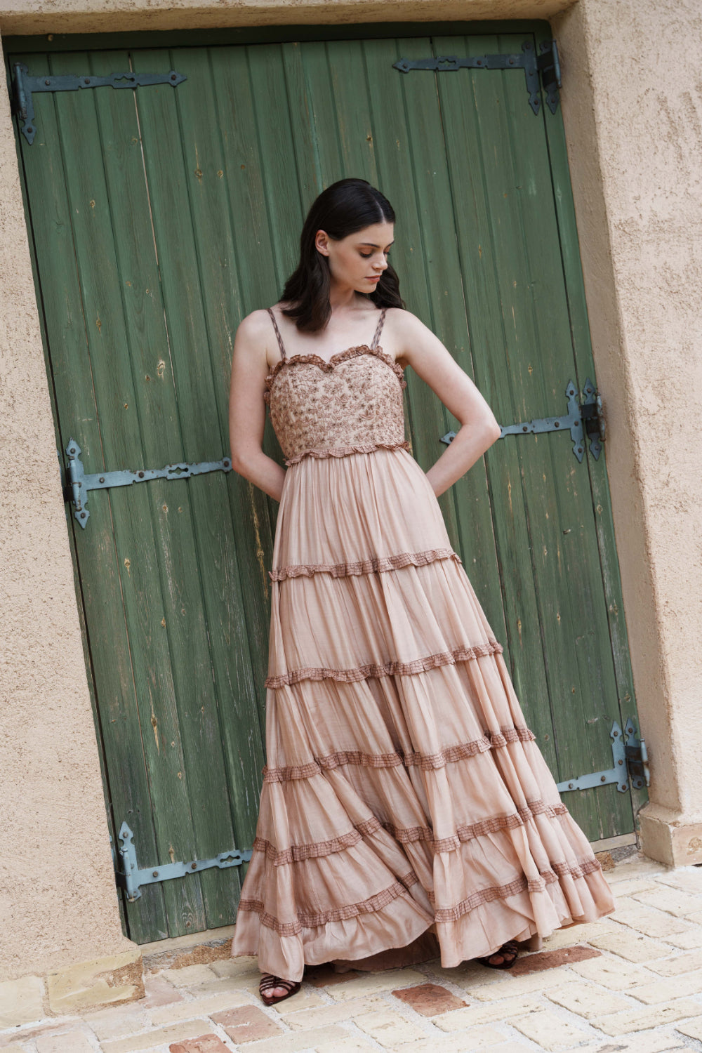 Nude mul tiered maxi with embroidered bodice
