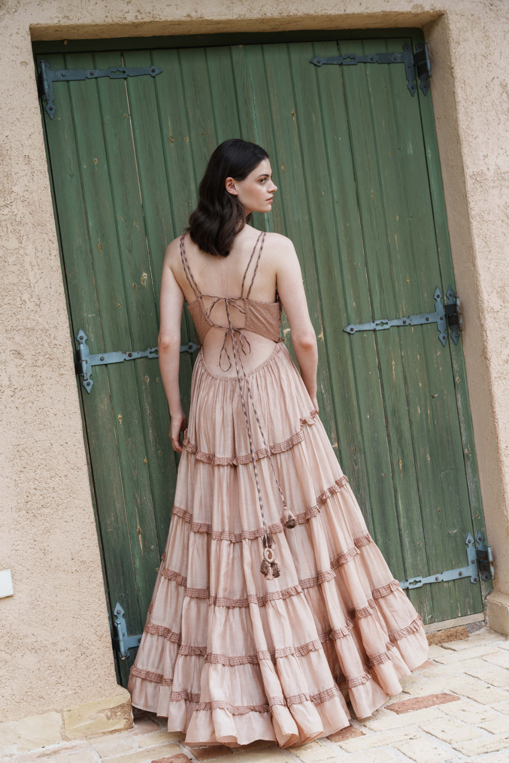 Nude mul tiered maxi with embroidered bodice