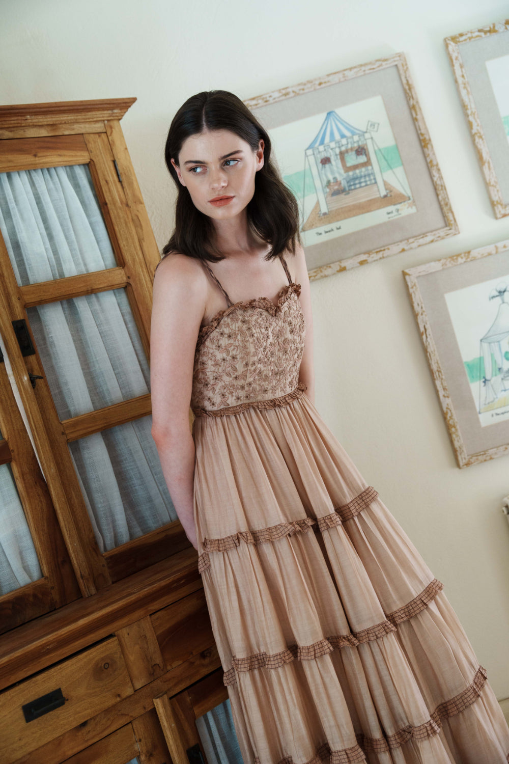 Nude mul tiered maxi with embroidered bodice