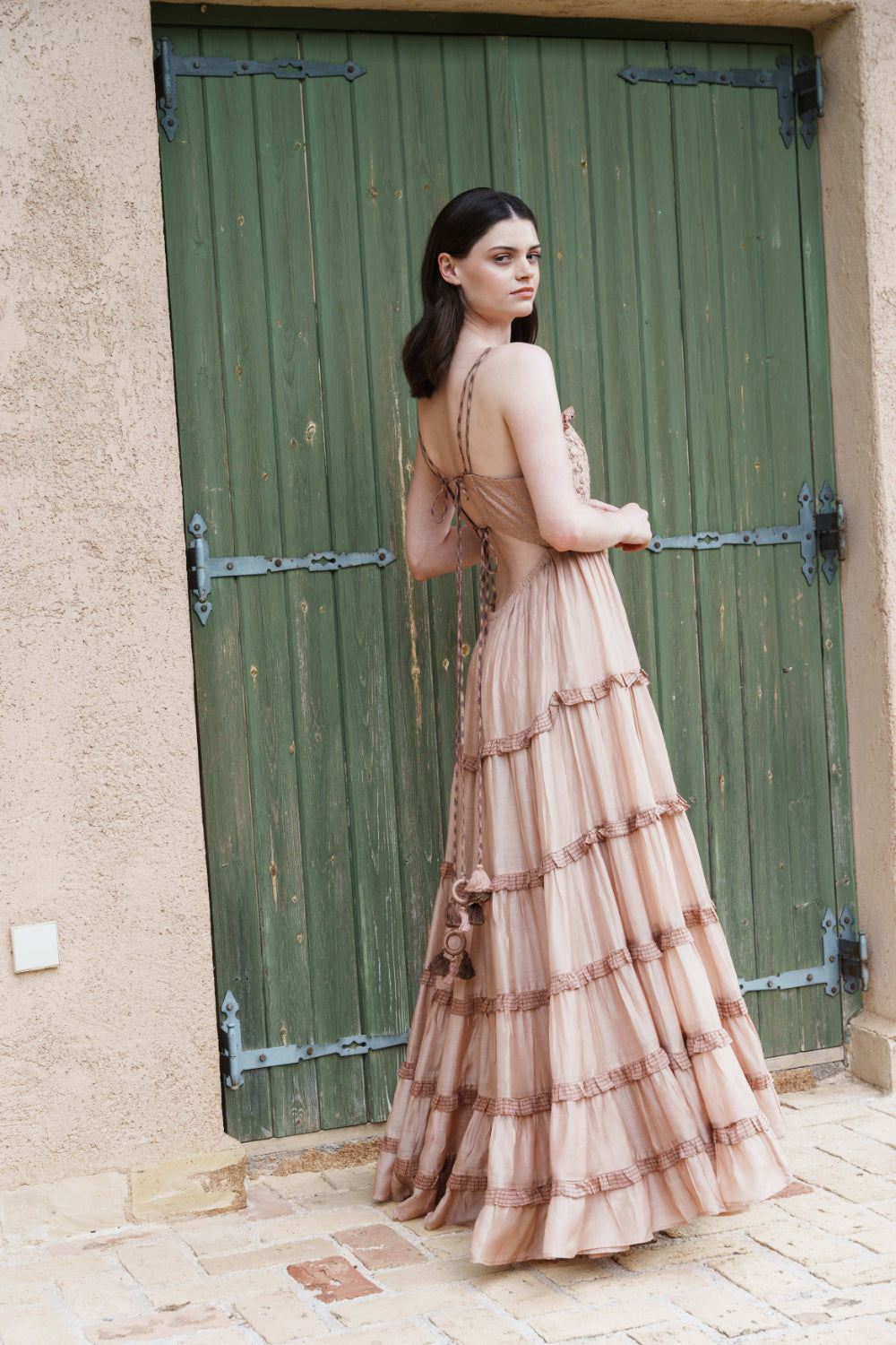 Nude mul tiered maxi with embroidered bodice