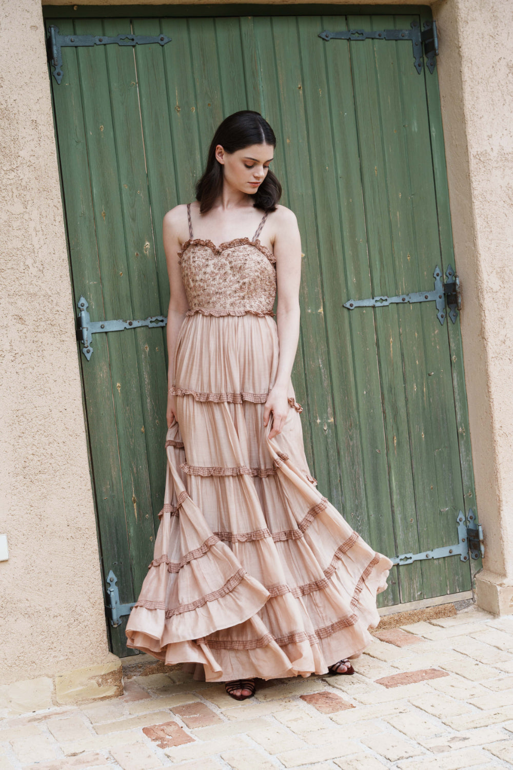 Nude mul tiered maxi with embroidered bodice