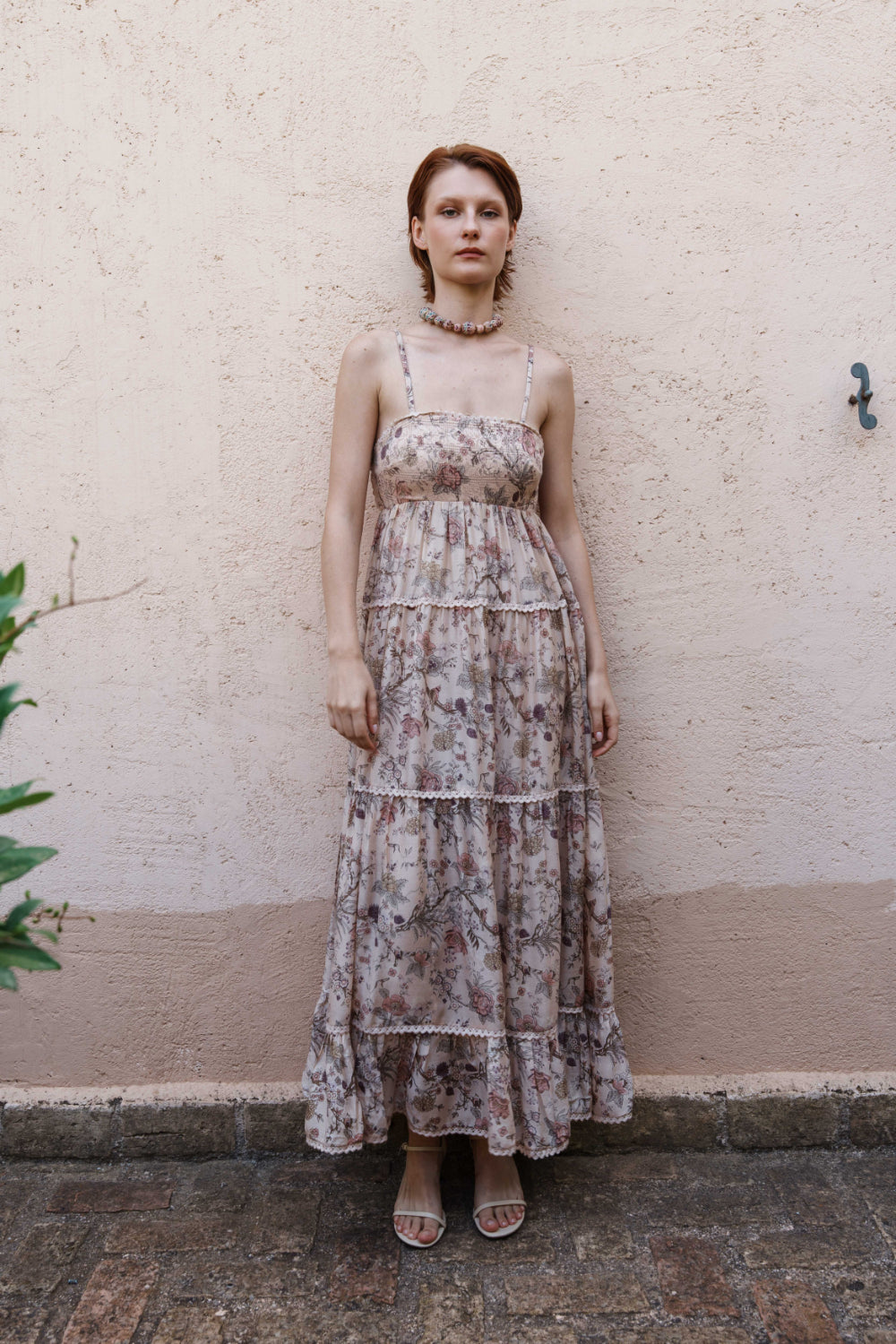 Nude chintz printed tiered midi dress with lace printed bodice