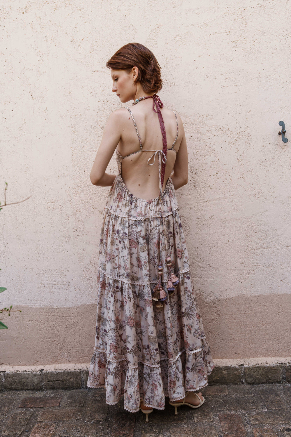 Nude chintz printed tiered midi dress with lace printed bodice