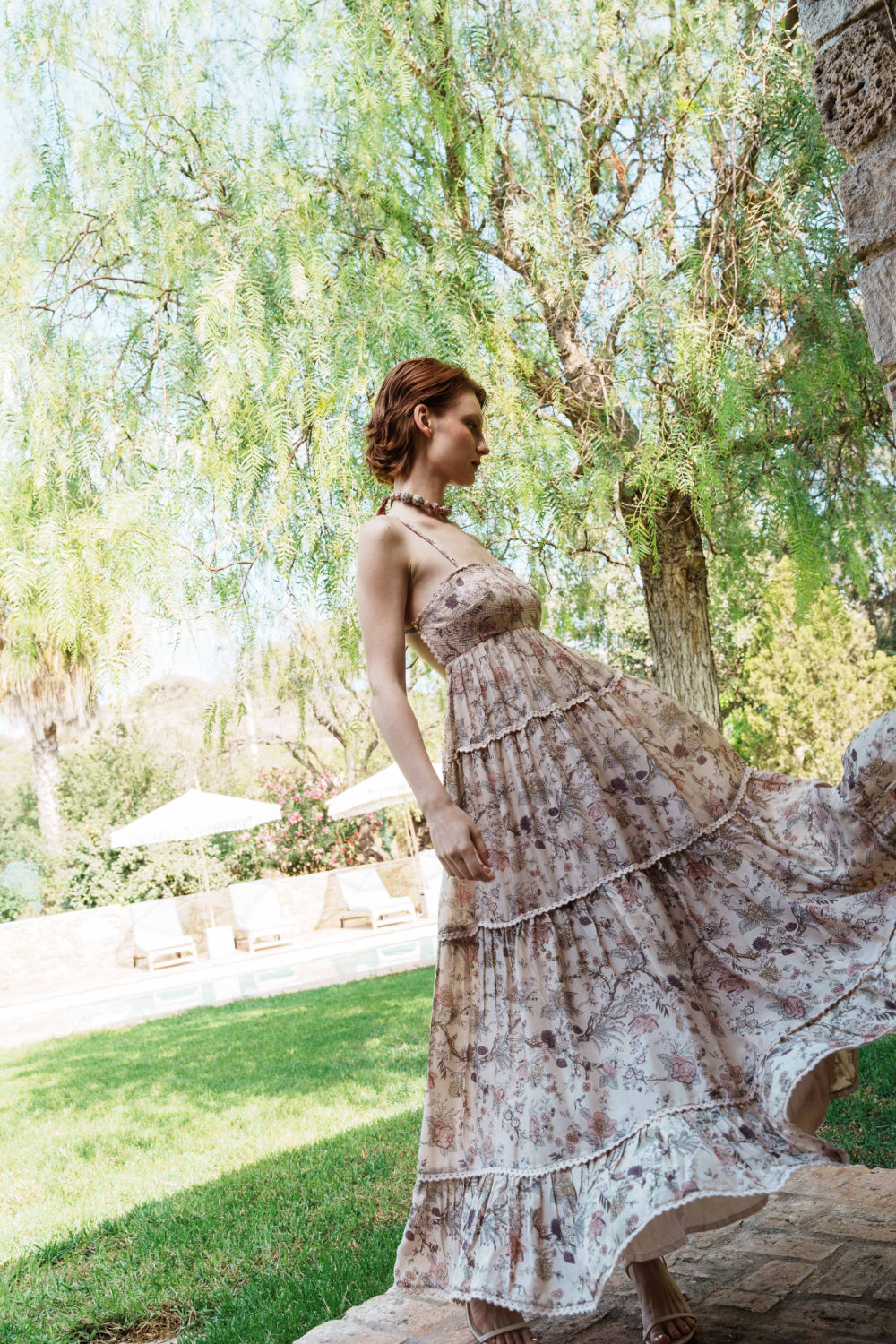 Nude chintz printed tiered midi dress with lace printed bodice