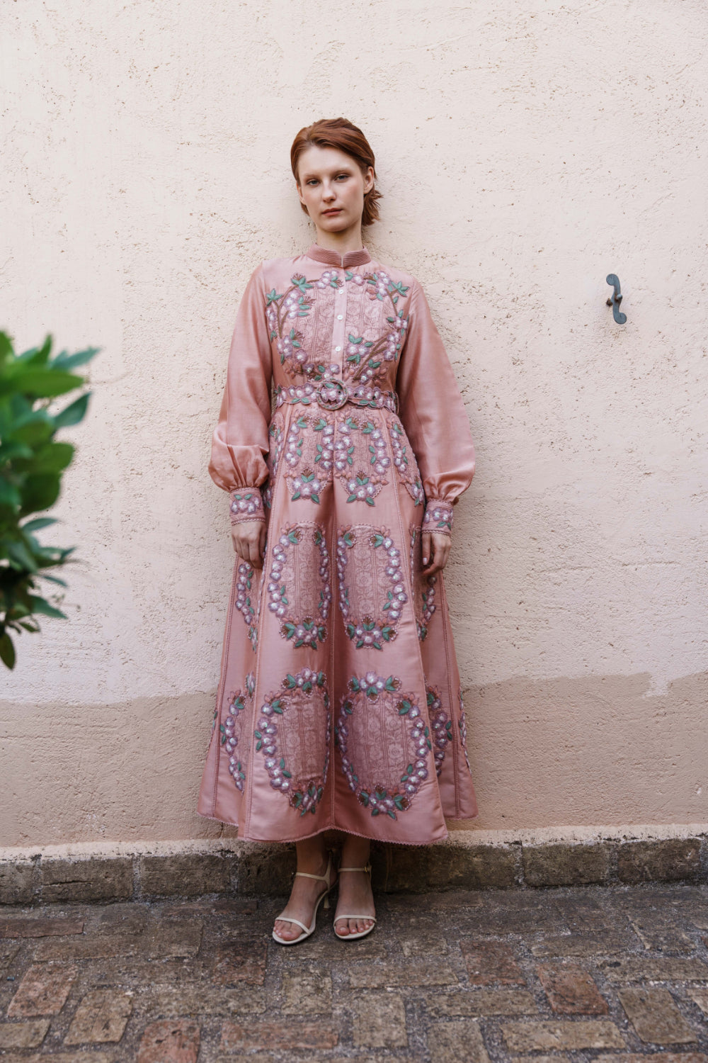 Onion pink chanderi dress with floral applique dress