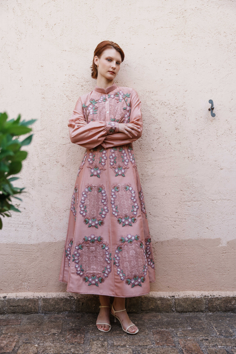 Onion pink chanderi dress with floral applique dress