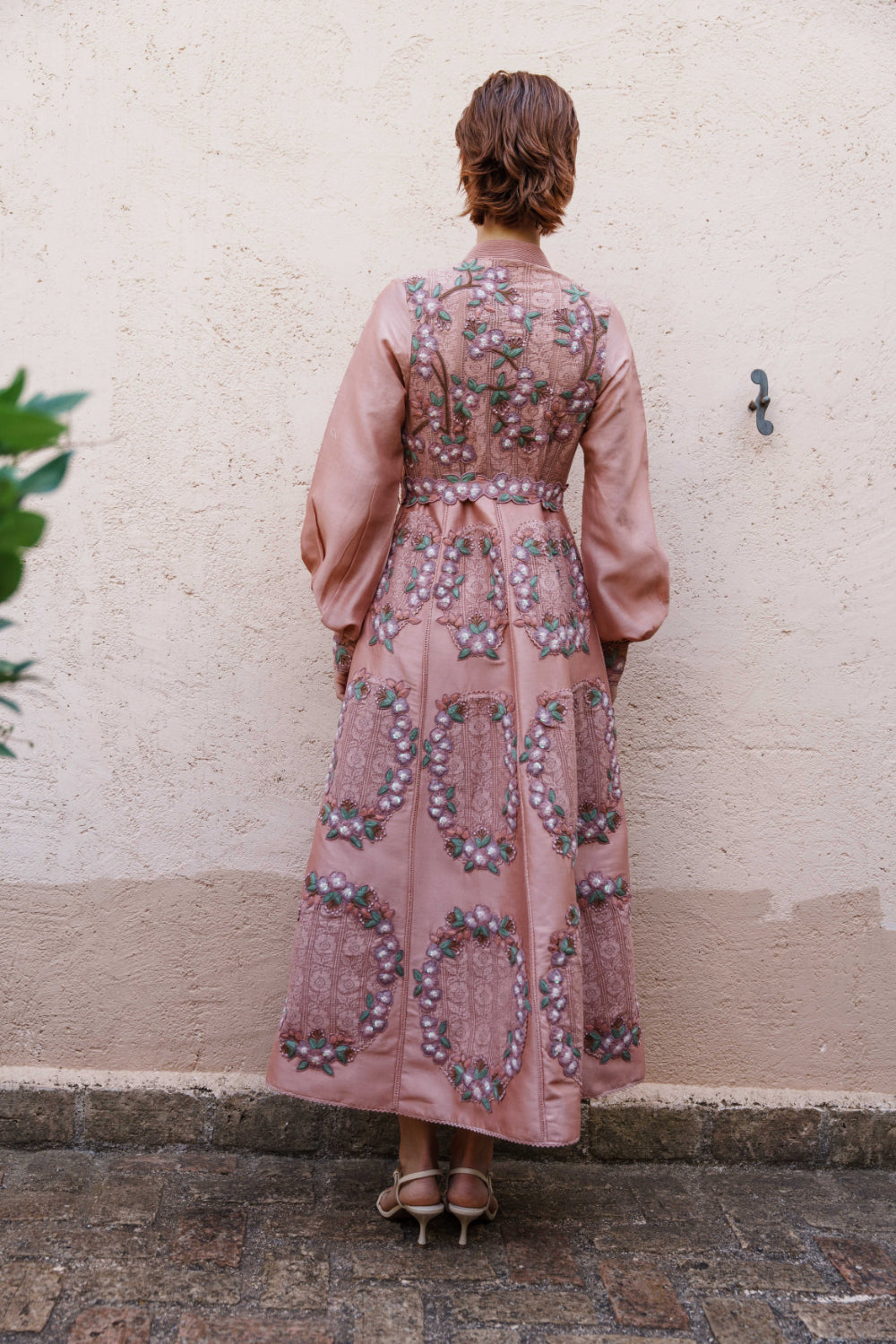 Onion pink chanderi dress with floral applique dress