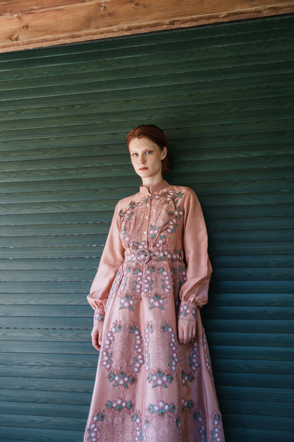Onion pink chanderi dress with floral applique dress
