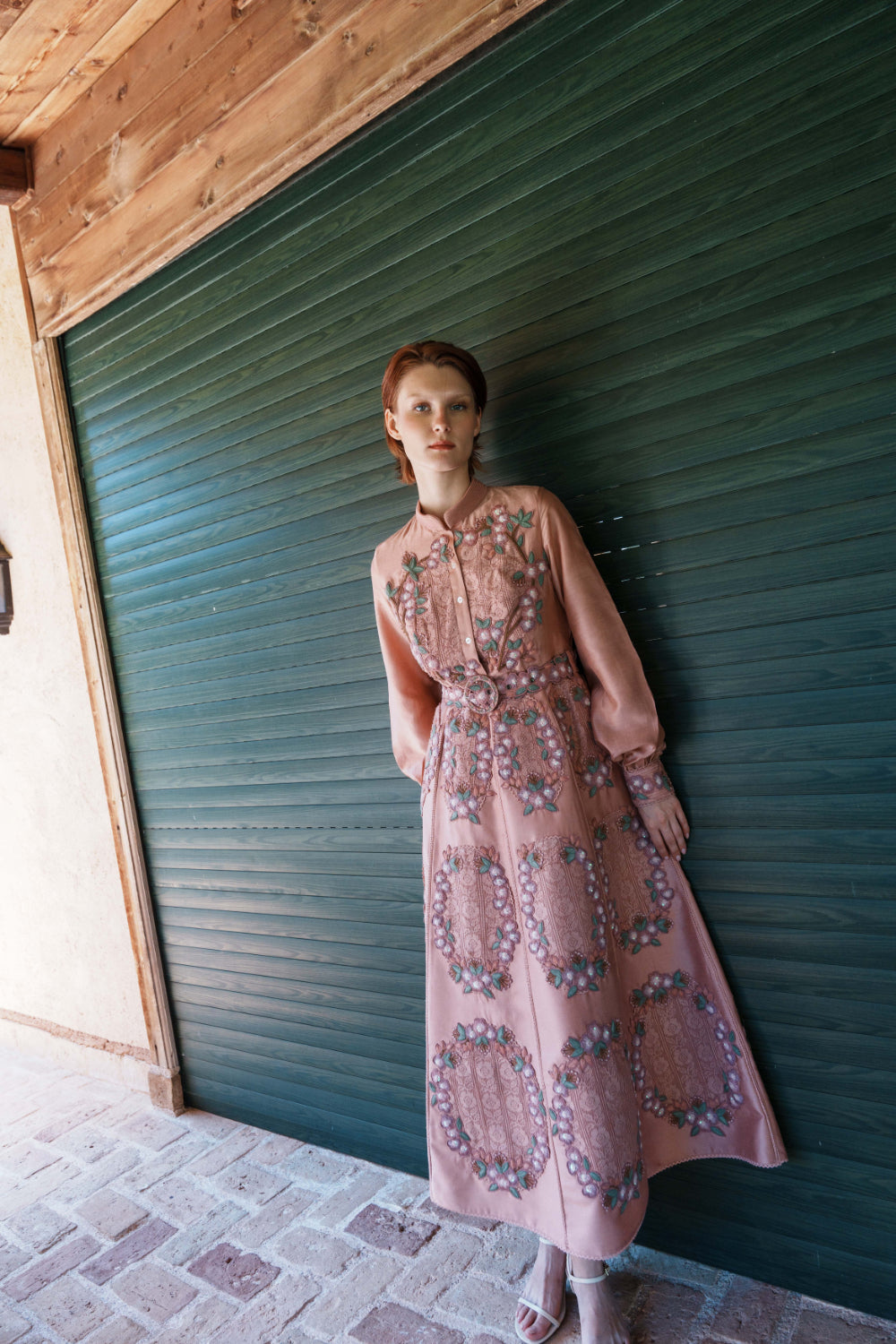 Onion pink chanderi dress with floral applique dress