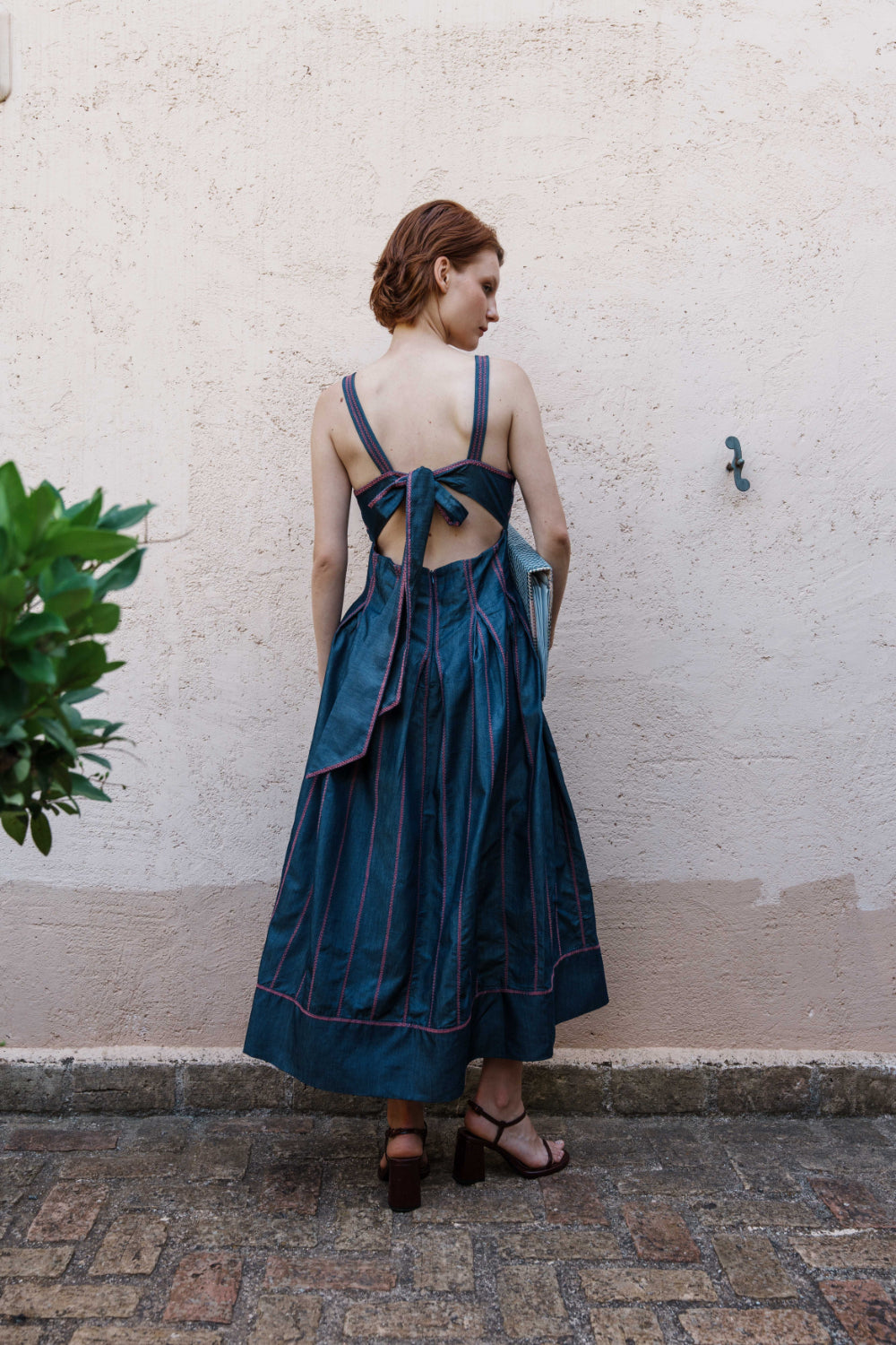 Denim embroidered box pleated dress