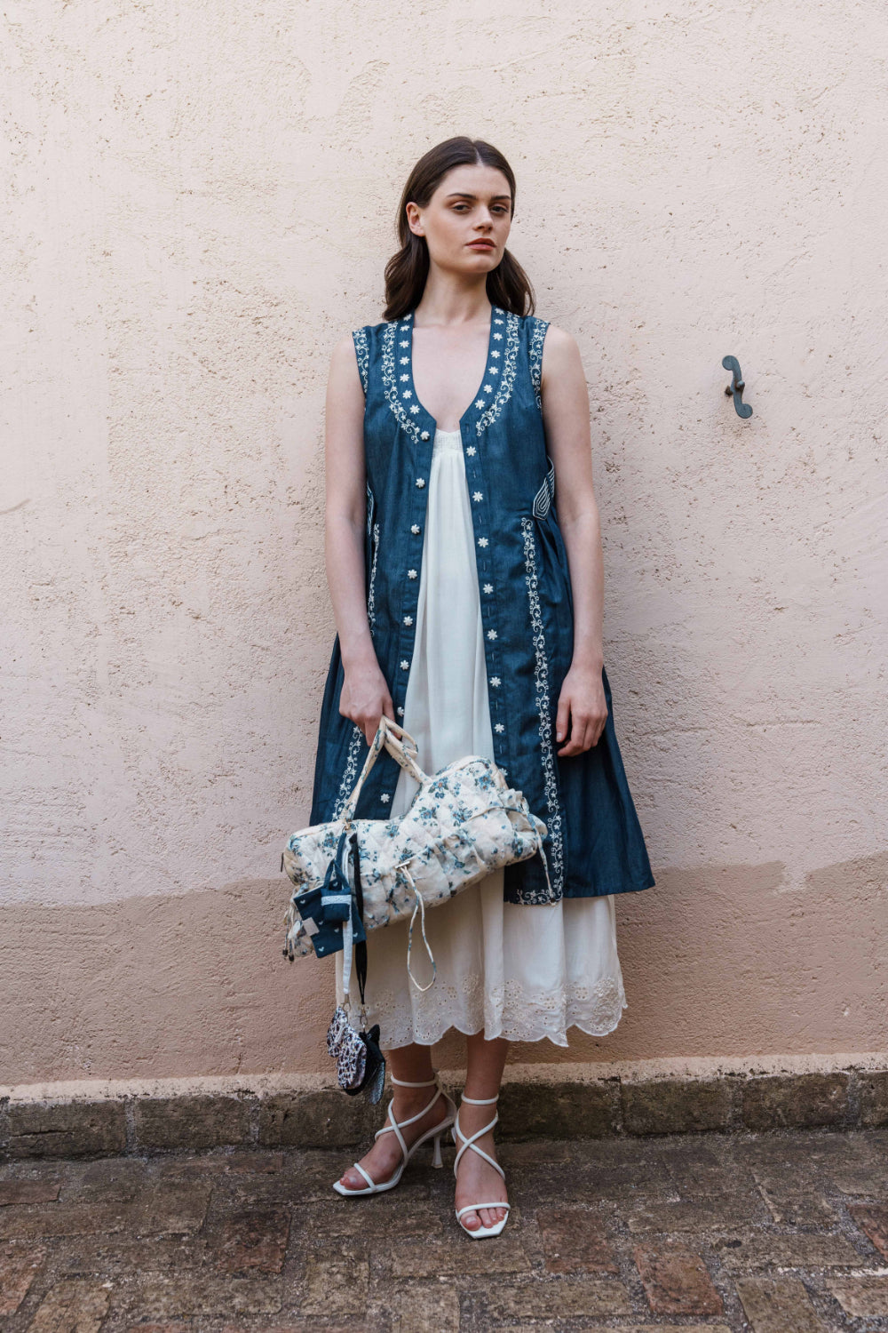 Denim front open dress with embroidery with White mul dress with lace bodice and schfflie hemline