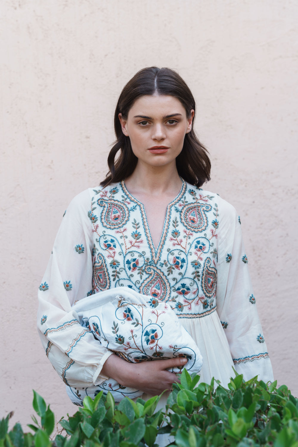 White mul paisley embroidered tiered maxi