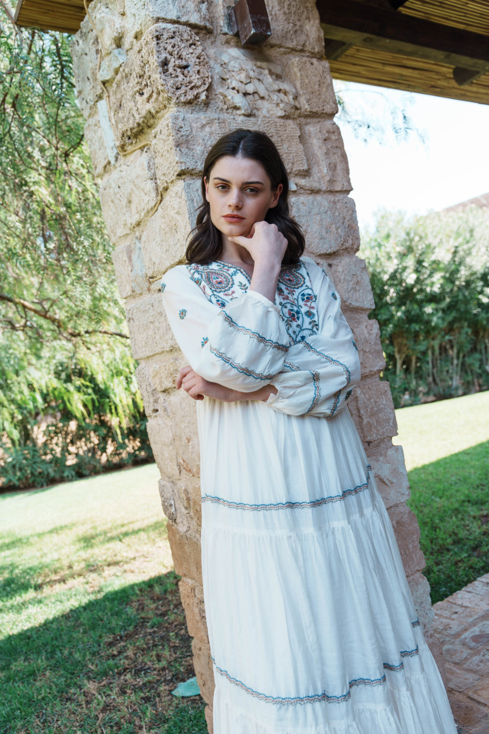 White mul paisley embroidered tiered maxi