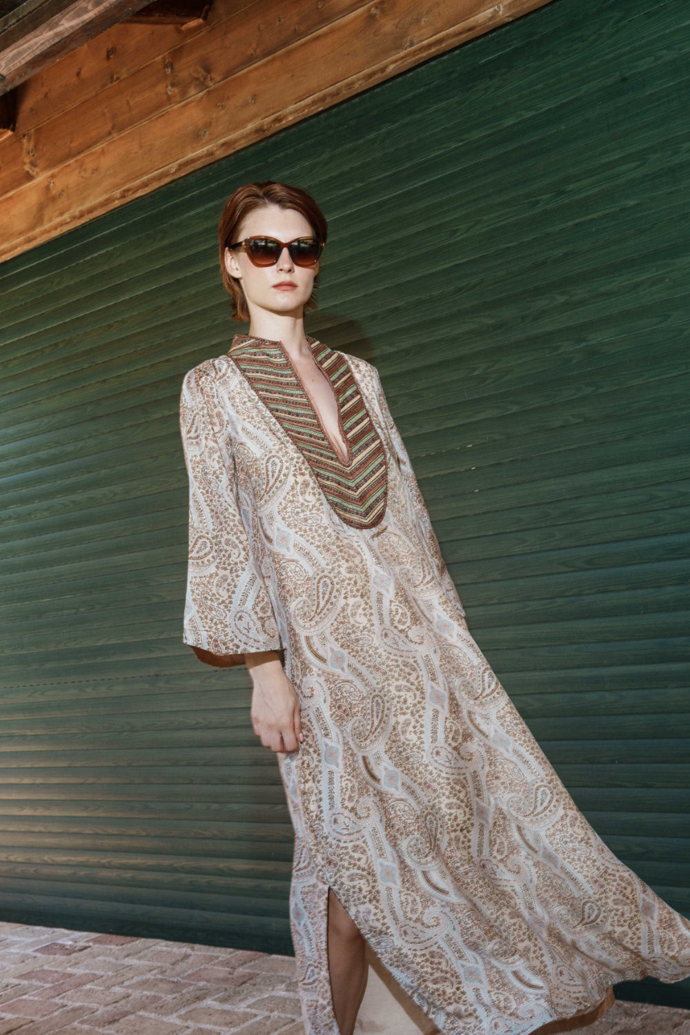 Beige paisley embroidered kaftan with bead embroidered yoke