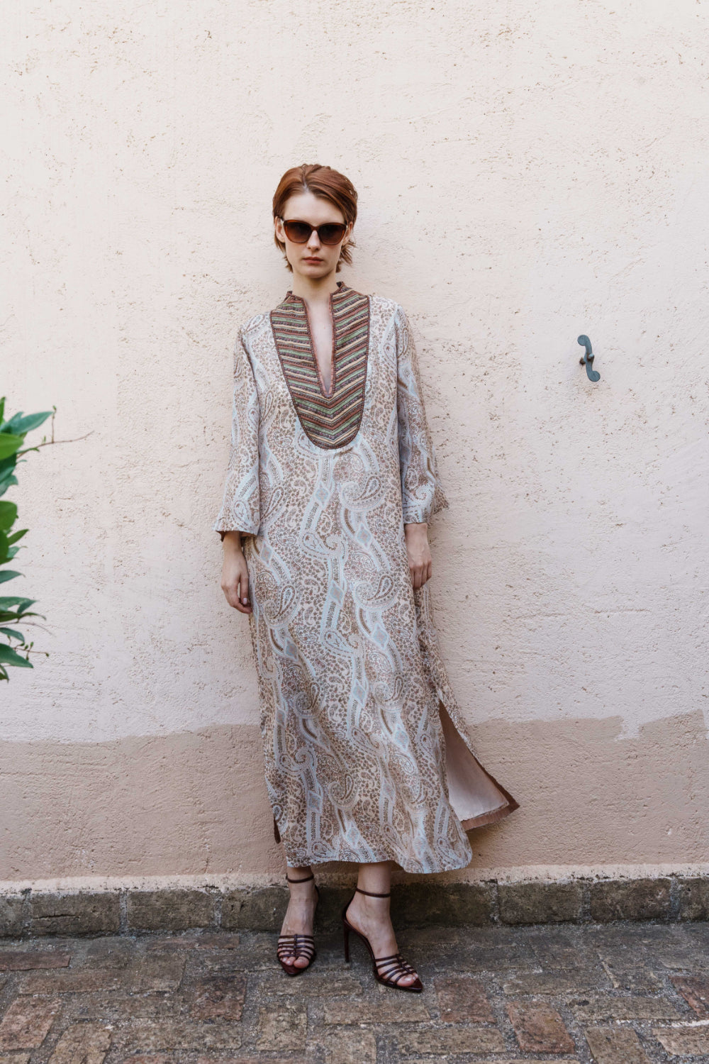 Beige paisley embroidered kaftan with bead embroidered yoke