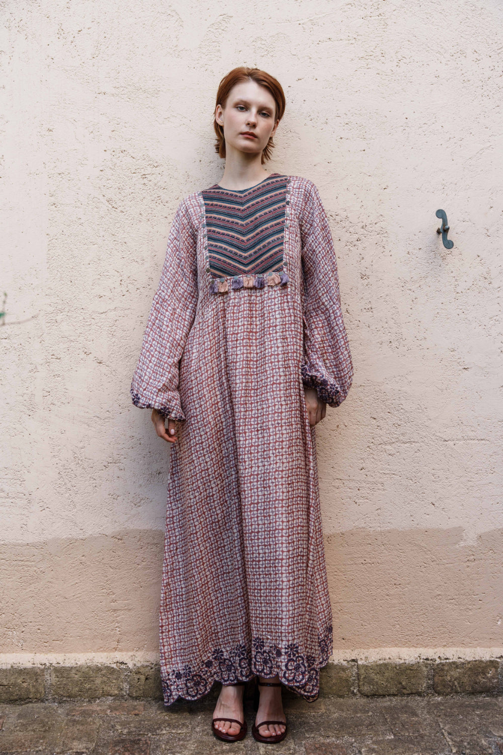 Onion pink printed maxi with embroidered yoke and schfflie hemline