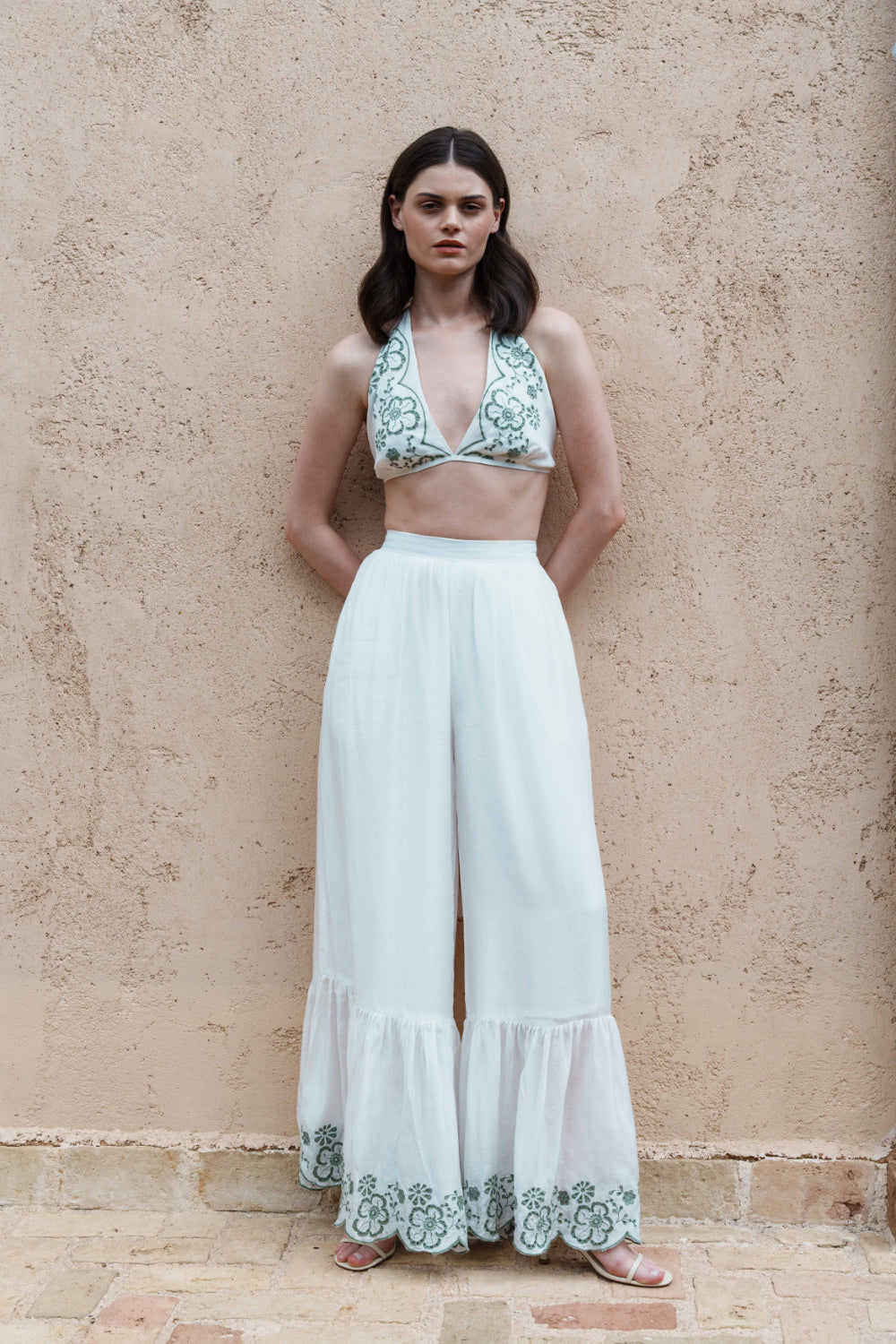 White mul schfflie top with embroidered schfflie sharar pants and printed scarf