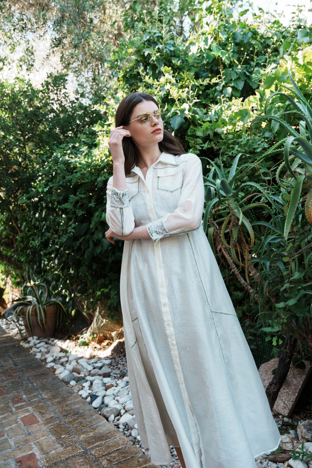 Bone chanderi embroidered shirt dress with Green and lilac printed satin dress