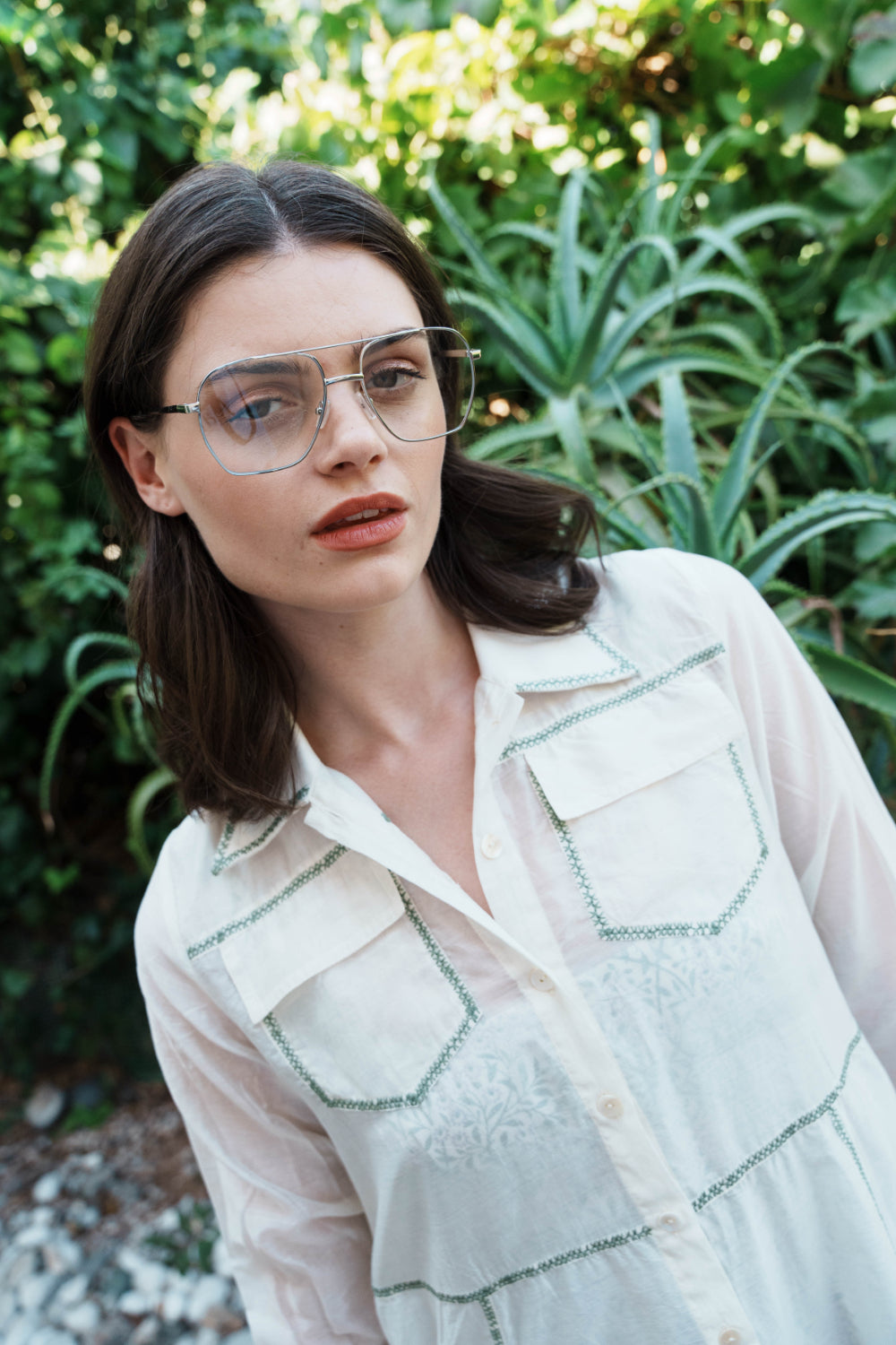 Bone chanderi embroidered shirt dress with Green and lilac printed satin dress